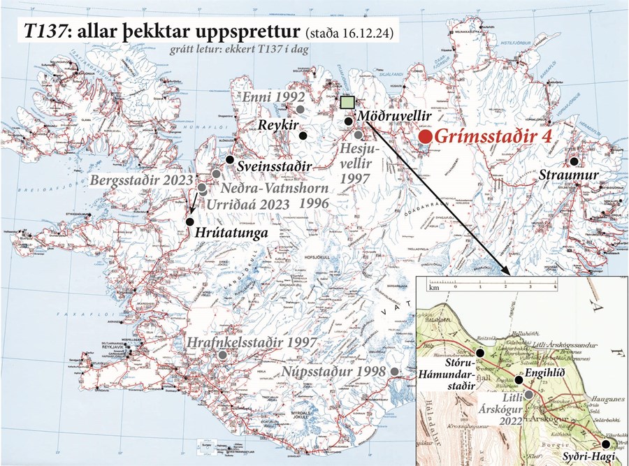 Uppfært kort yfir alla bæi þar sem erfðaauðlind breytileikans T137 hefur fundist.