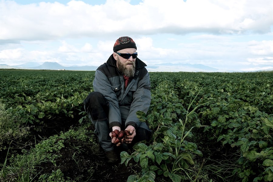 Gunnar Bjarnason, kartöflubóndi í Litlu-Hildisey í Austur-Landeyjum. Vegna slæmrar veðráttu í sumar hafa kartöflurnar vaxið hægt, en þær voru fallegar
þær sem sáust þegar kíkt var undir.